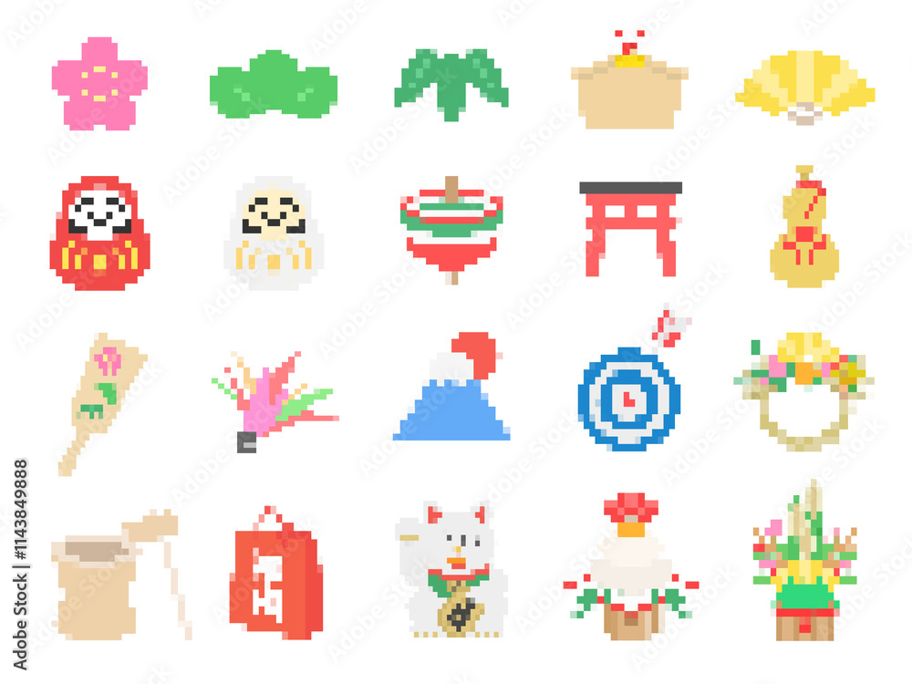 Fototapeta premium いろいろな正月のドット絵のイラストセット