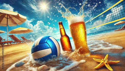 beer and volleyball on yellow sandy beach, blue sky, blurred background of ocean waves