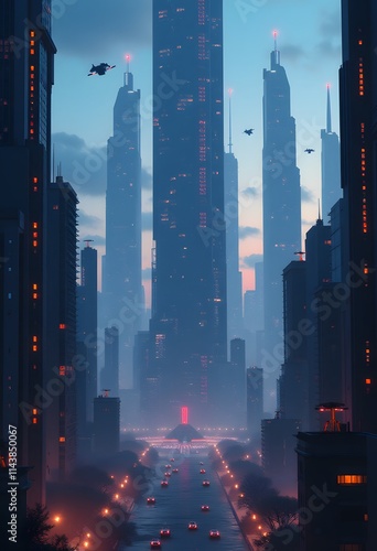 Futuristic Cityscape Dusk Skyscrapers Flying Cars