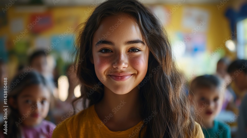 A smiling girl in a classroom, surrounded by classmates, radiating happiness. A smiling girl in a classroom, surrounded by classmates, radiating happiness.