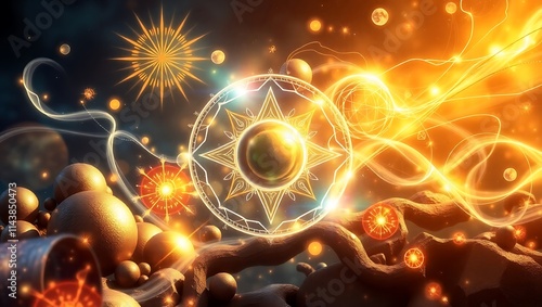 Mystical alchemist composition showcasing radiant metallic orbs, glowing energy symbols, and softly blended light gradients