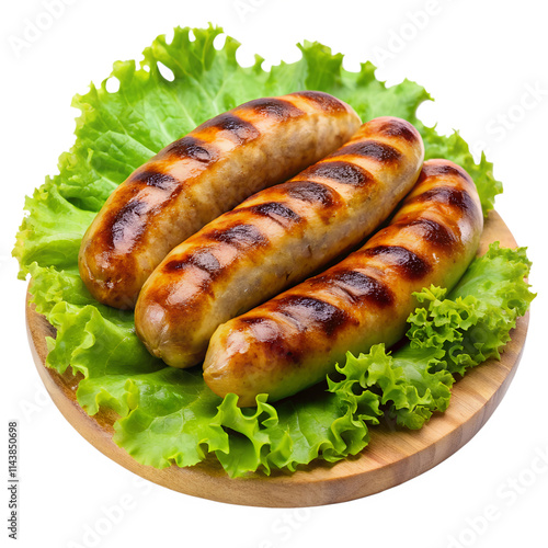 Grilled pork sausages with lettuce isolated on transparent background photo