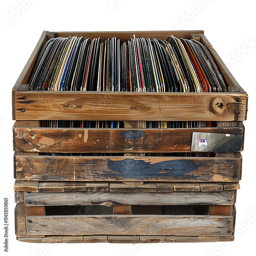 A wooden crate of vinyl records png isolated on transparent background

