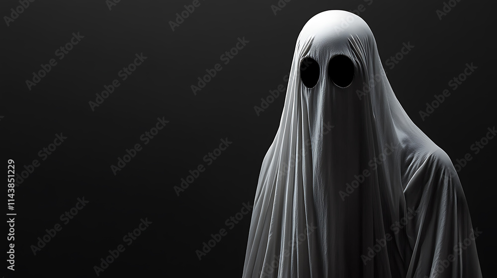 White Ghost Isolated On Black Background With Space For Text White Ghost Isolated On Black Background With Space For Text