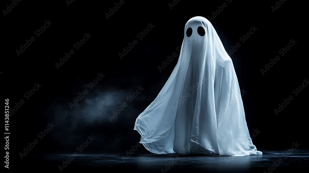 White Ghost Isolated On Black Background With Space For Text White Ghost Isolated On Black Background With Space For Text
