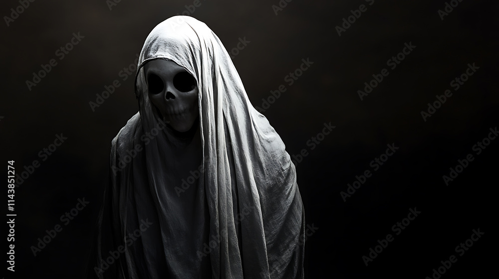 White Ghost Isolated On Black Background With Space For Text White Ghost Isolated On Black Background With Space For Text