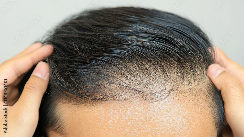 Person examining thinning hair in mirror, reflecting on aging and self-care. Embracing natural changes and prioritizing health and well-being. Person examining thinning hair in mirror, reflecting on aging and self-care. Embracing natural changes and prioritizing health and well-being.