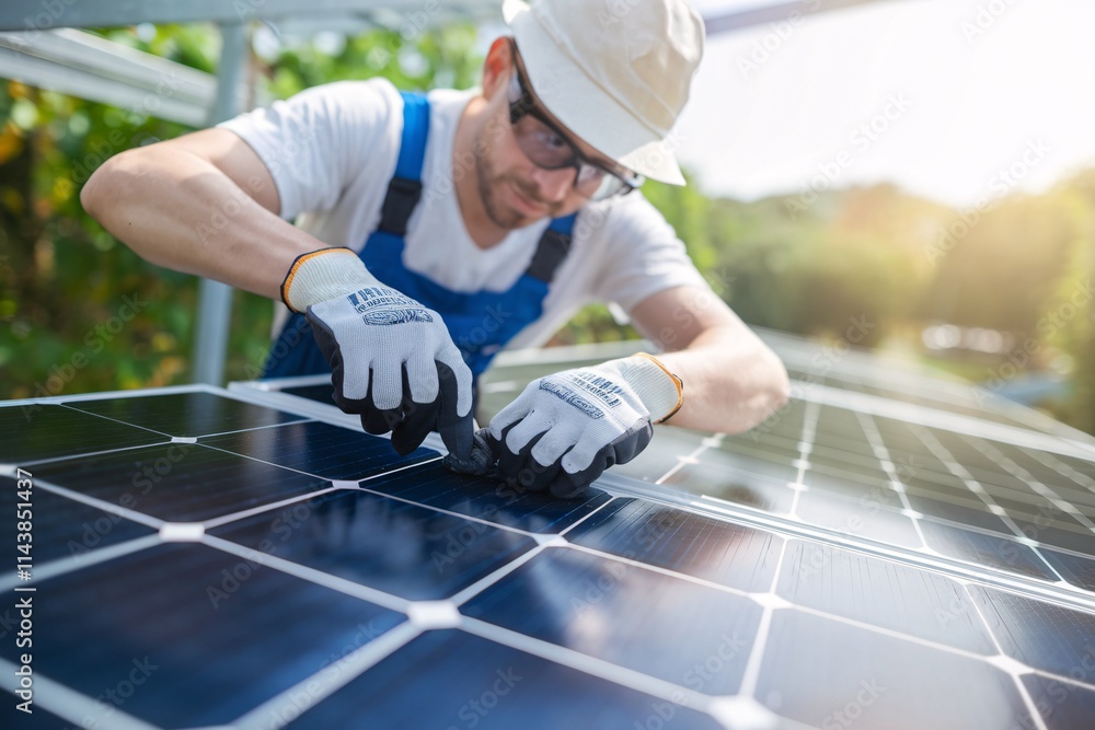 a solar panel installer working carefully on a set of solar panels. a solar panel installer working carefully on a set of solar panels.