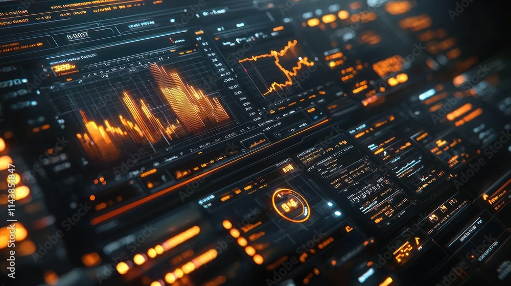 Obraz premium Data visualization with graphs and metrics in orange tones.