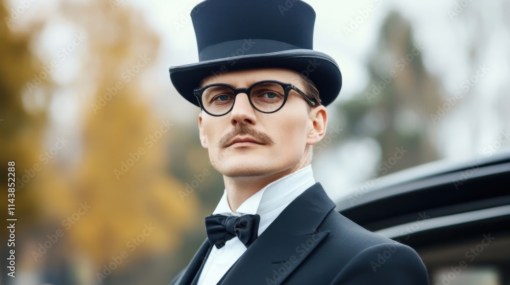 Elegant Gentleman in Tall Hat and Bow Tie Poses Outdoors During Autumn Season with Sophisticated Look and Style Demonstrating Vintage Fashion and Timeless Charm Elegant Gentleman in Tall Hat and Bow Tie Poses Outdoors During Autumn Season with Sophisticated Look and Style Demonstrating Vintage Fashion and Timeless Charm