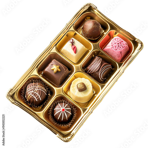 A gold tray of assorted chocolates png isolated on transparent background
 photo