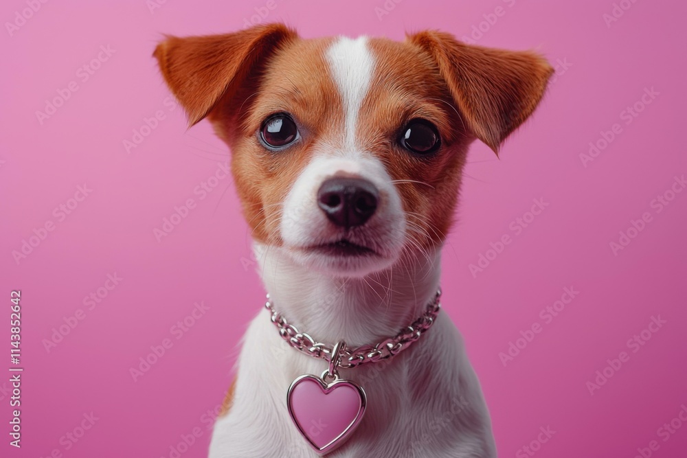 Charming dog with heart necklace against pink studio background Charming dog with heart necklace against pink studio background