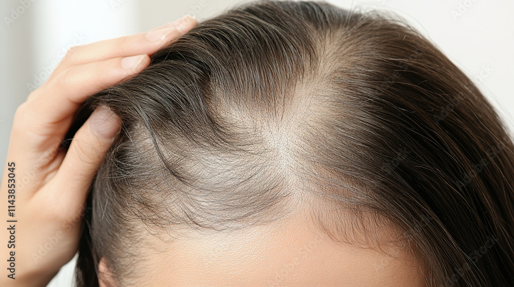 Person examining thinning hair in mirror, reflecting on aging and self-care. Embracing natural changes and prioritizing health and well-being. Person examining thinning hair in mirror, reflecting on aging and self-care. Embracing natural changes and prioritizing health and well-being.