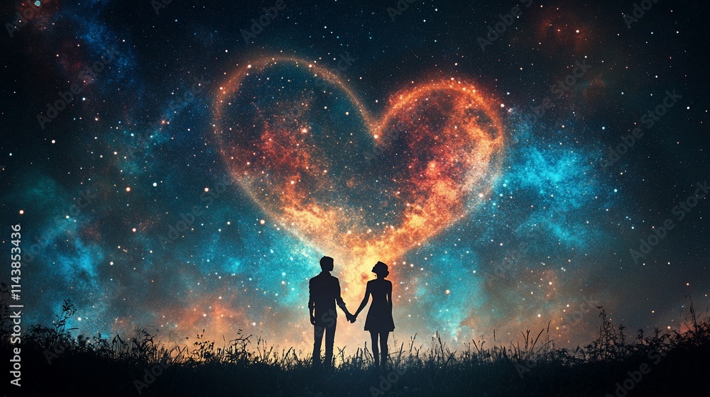 Couple silhouetted against a cosmic heart. Couple silhouetted against a cosmic heart.