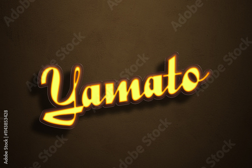 Fotografie Yellow Neon Light Text Effect of Japanese name Yamato on Golden background