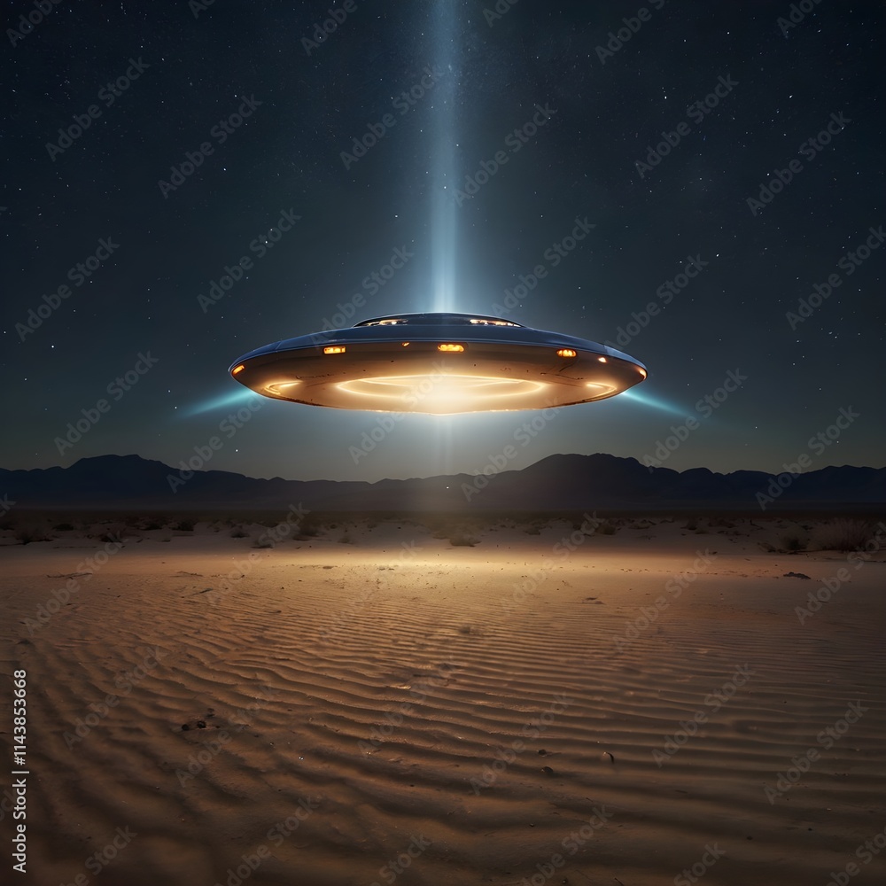 A glowing UFO hovering above a serene desert landscape at night, casting vibrant beams of light onto the sand, with a starry sky in the background,Generative Ai
A glowing UFO hovering above a serene desert landscape at night, casting vibrant beams of light onto the sand, with a starry sky in the background,Generative Ai