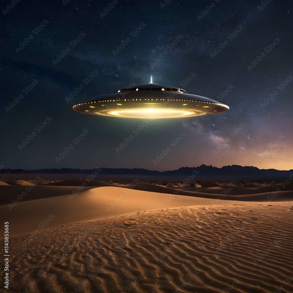 A glowing UFO hovering above a serene desert landscape at night, casting vibrant beams of light onto the sand, with a starry sky in the background,Generative Ai
A glowing UFO hovering above a serene desert landscape at night, casting vibrant beams of light onto the sand, with a starry sky in the background,Generative Ai