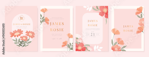 Elegant wedding invitation card background vector. Minimal hand painted pink and peach watercolor botanical flowers texture. Design illustration for wedding, vip cover, poster, rsvp modern card.