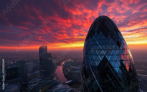 A stunning sunset view of modern skyscrapers and a river, showcasing urban architecture. photo