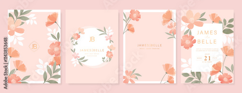 Elegant wedding invitation card background vector. Minimal hand painted pink and peach watercolor botanical flowers texture. Design illustration for wedding, vip cover, poster, rsvp modern card.