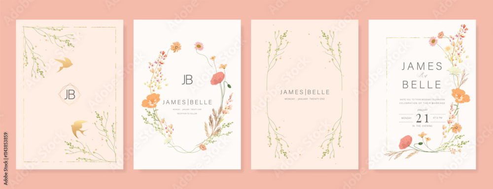 Elegant wedding invitation card background vector. Minimal hand painted pink and peach watercolor botanical flowers texture. Design illustration for wedding, vip cover, poster, rsvp modern card. Elegant wedding invitation card background vector. Minimal hand painted pink and peach watercolor botanical flowers texture. Design illustration for wedding, vip cover, poster, rsvp modern card.