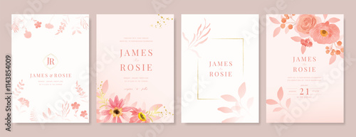 Elegant wedding invitation card background vector. Minimal hand painted pink and peach watercolor botanical flowers texture. Design illustration for wedding, vip cover, poster, rsvp modern card.