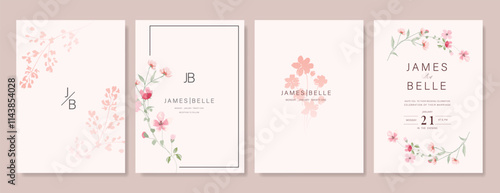 Elegant wedding invitation card background vector. Minimal hand painted pink and peach watercolor botanical flowers texture. Design illustration for wedding, vip cover, poster, rsvp modern card.