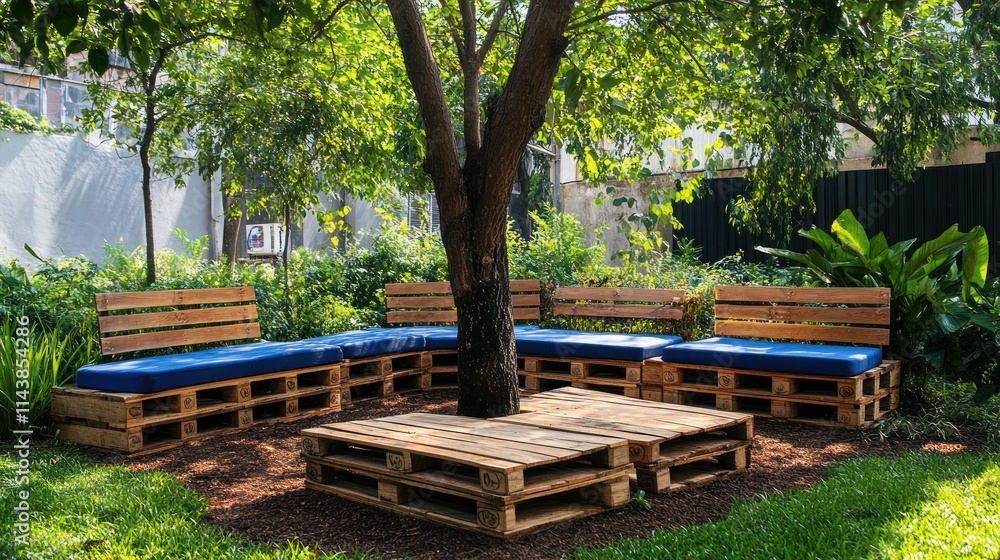 Pallet wood furniture set arranged around a tree in a garden. Pallet wood furniture set arranged around a tree in a garden.