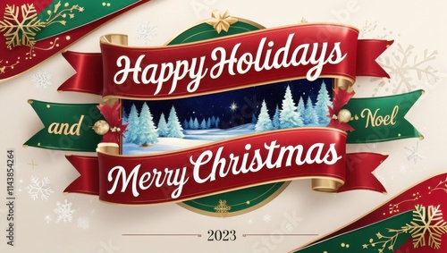 A vibrant and joyful artwork featuring a bold, red and green striped banner adorned with golden accents, proudly displaying the festive message 