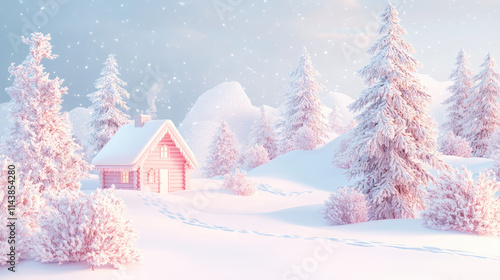 A small cabin is surrounded by snow-covered trees