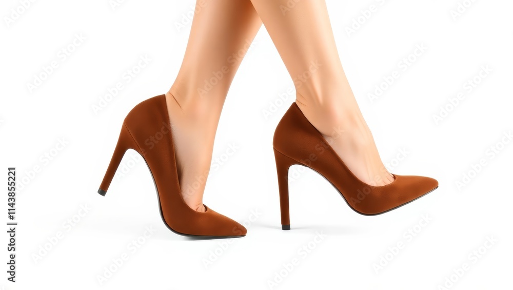 Woman walking in mocha mousse high heels on white background Woman walking in mocha mousse high heels on white background