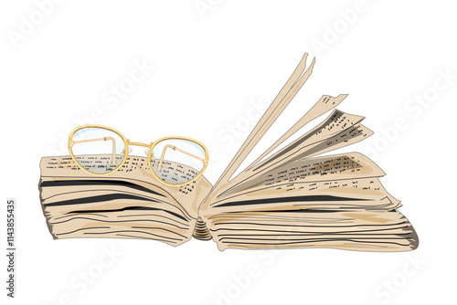Eyeglasses on open book.Opened vintage book with fluttering pages.Literature, dictionary, textbook or encyclopedia.Magic, witchcraft, bible or mystery book.Bookstore, library,education concept.Vecto