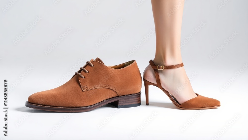 Woman showing her new mocha mousse elegant shoes and choosing between heels and flat shoes Woman showing her new mocha mousse elegant shoes and choosing between heels and flat shoes
