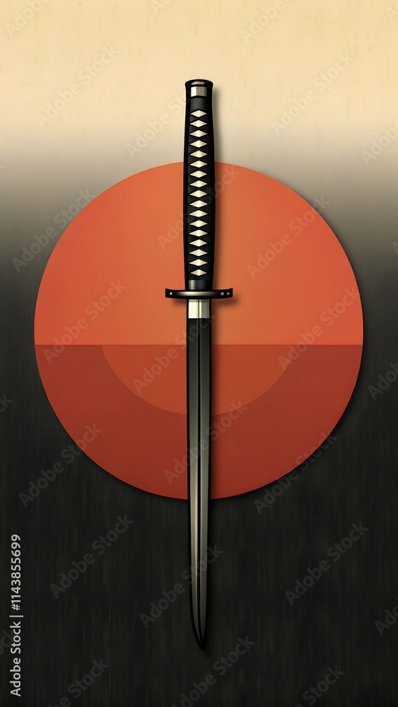 A minimalist katana illustration with a sleek black blade and a circular red sun, set against a textured beige and black background. Represents Japanese heritage and warrior symbolism. A minimalist katana illustration with a sleek black blade and a circular red sun, set against a textured beige and black background. Represents Japanese heritage and warrior symbolism.