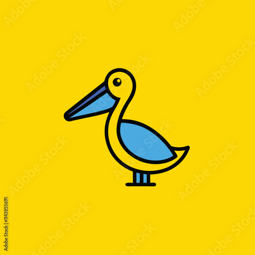 Cute pelican with big beak. Funny tropical water bird, adorable exotic feathered animal. Amusing comic fauna.