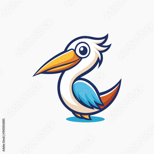 Cute pelican with big beak. Funny tropical water bird, adorable exotic feathered animal. Isolated vector illustration