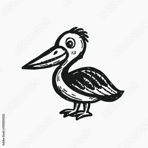Cute pelican with big beak. Funny tropical water bird, adorable exotic feathered animal. Isolated vector illustration