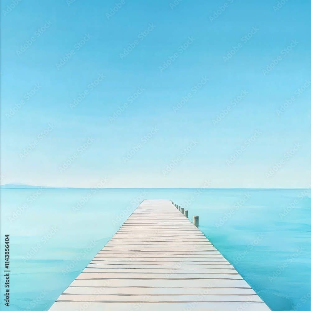 A picturesque pier stretching into a calm, turquoise sea under the sun A picturesque pier stretching into a calm, turquoise sea under the sun