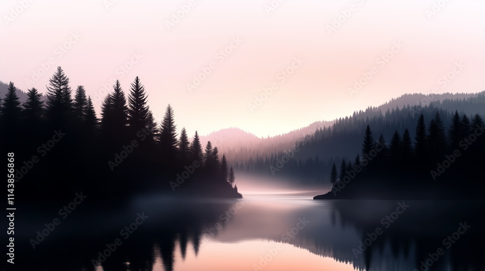 Fototapeta premium Tranquil sunrise over a serene lake surrounded by mountains and pine trees reflecting in calm water