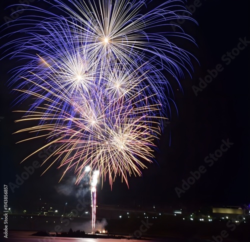 fireworks over the river, fireworks light against the background of the night sky photo