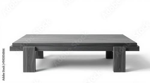 Low modern gray coffee table with thick rectangular legs on white background