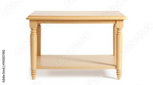 Light wooden console table with turned legs and lower shelf on white background