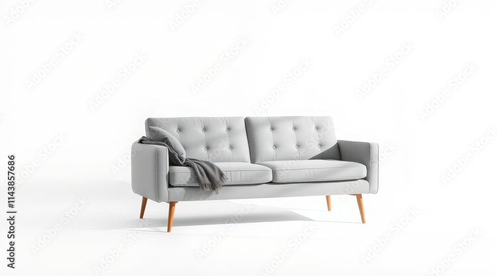 Fototapeta premium Stylish gray sofa with wooden legs and a cozy throw on a white background