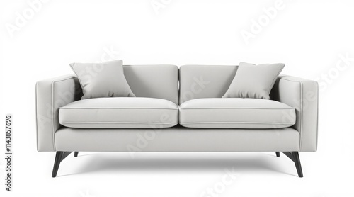 Modern cream sofa with cushions and sleek black legs on a white background