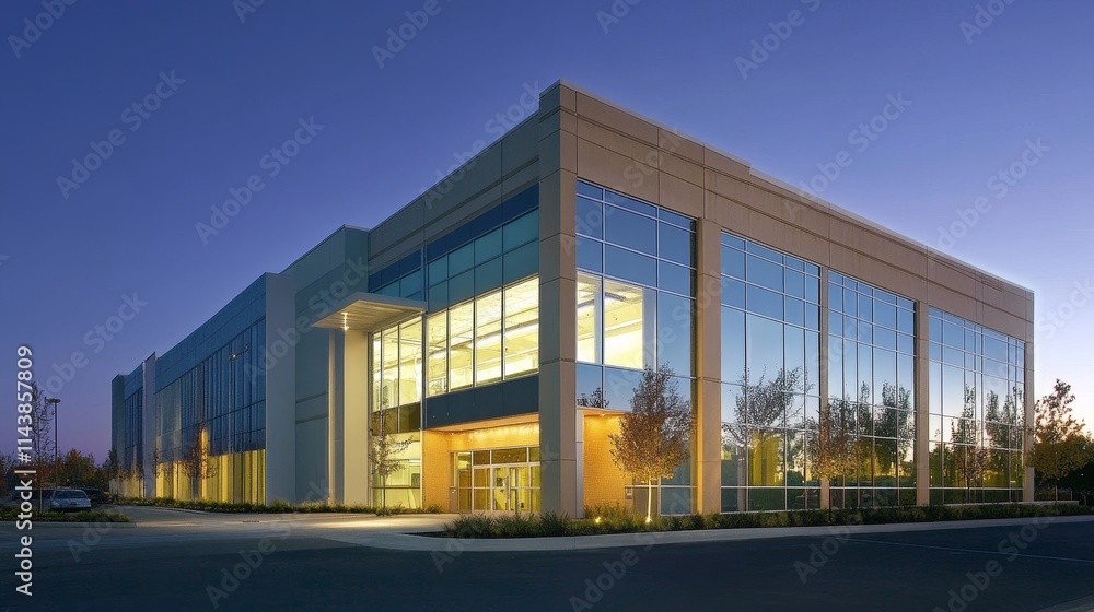 Modern office building with large glass windows, illuminated at dusk. Modern office building with large glass windows, illuminated at dusk.