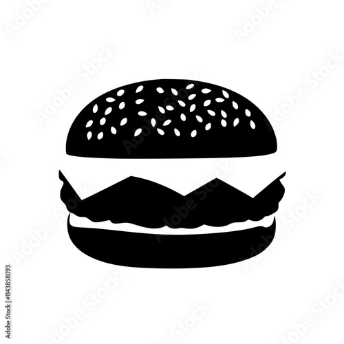 Minimalist Burger Icon in Black and White, Simple black-and-white silhouette of a classic burger with sesame seed bun, perfect for logos, illustrations, or graphic design.

