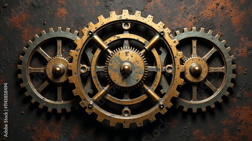 Interlocking Bronze Gears on a Rustic Metallic Surface A Detailed Close-Up of Mechanical Components