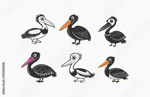 Set of pelican birds line icon doodle vector cartoon illustration isolated on white background