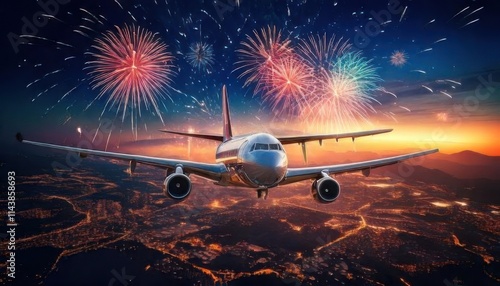 Plane flying in the sky with brilliant fireworks