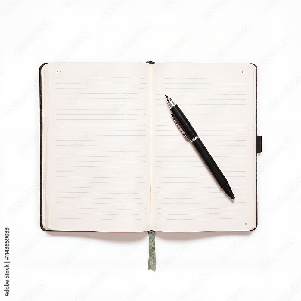 Open lined notebook with black pen, writing and planning concept Open lined notebook with black pen, writing and planning concept